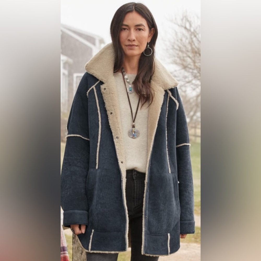 Navy blue shearling coat by HISO. New with tags.